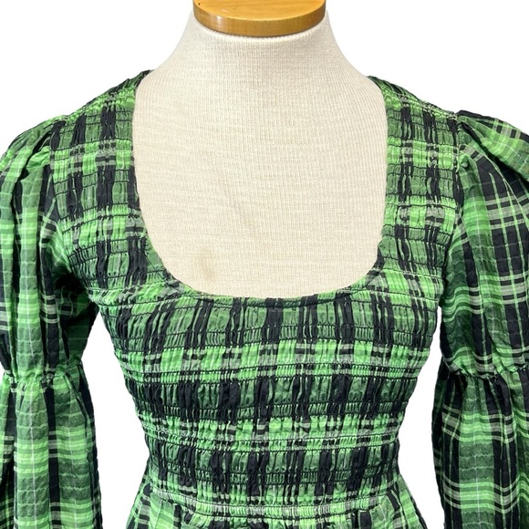 GANNI Seersucker Tiered Check Midi Dress Women in Peapod Green and Black Size 2 - Picture 3 of 16